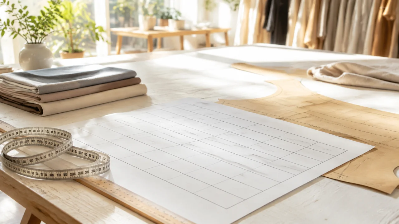 明亮裁剪台上的卷尺、样衣轮廓与清晰无文字尺码网格