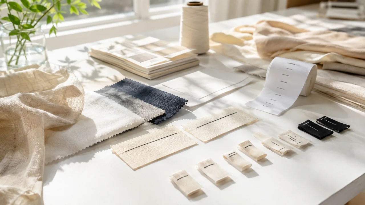 阳光工艺台上的主唛、尺码标、洗护标签与不同面料样品